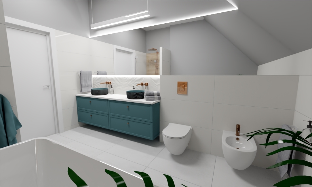 Łazienka na poddaszu turkus miedź biały (2)