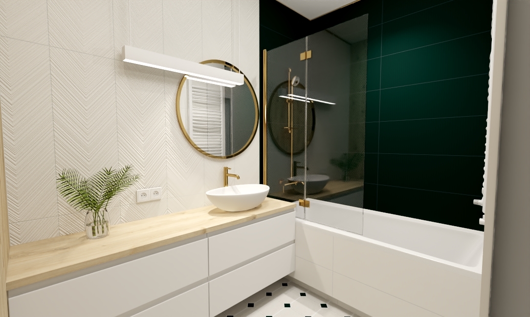 Łazienka zieleń butelkowa drewno złoto (2)